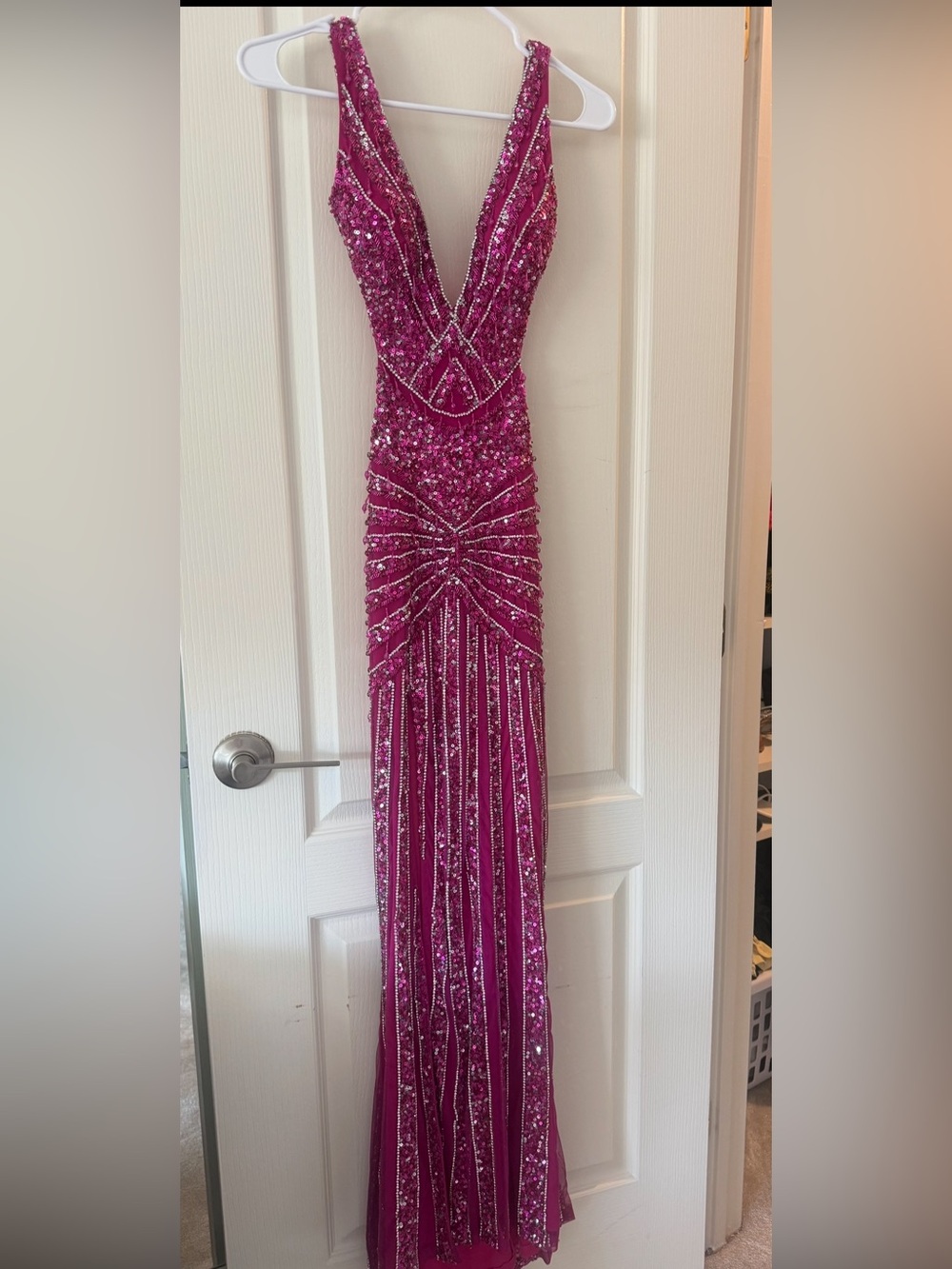Portia and Scarlett Fuchsia Beaded V-Neck Prom Gown 00